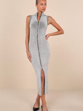 Lulus Confident Moves Light Grey Marled Zip-front Midi Sweater Dress - Size S